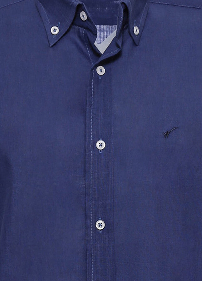 WSS Linen Blend Short Sleeves Navy Blue Men Shirt  - Singen