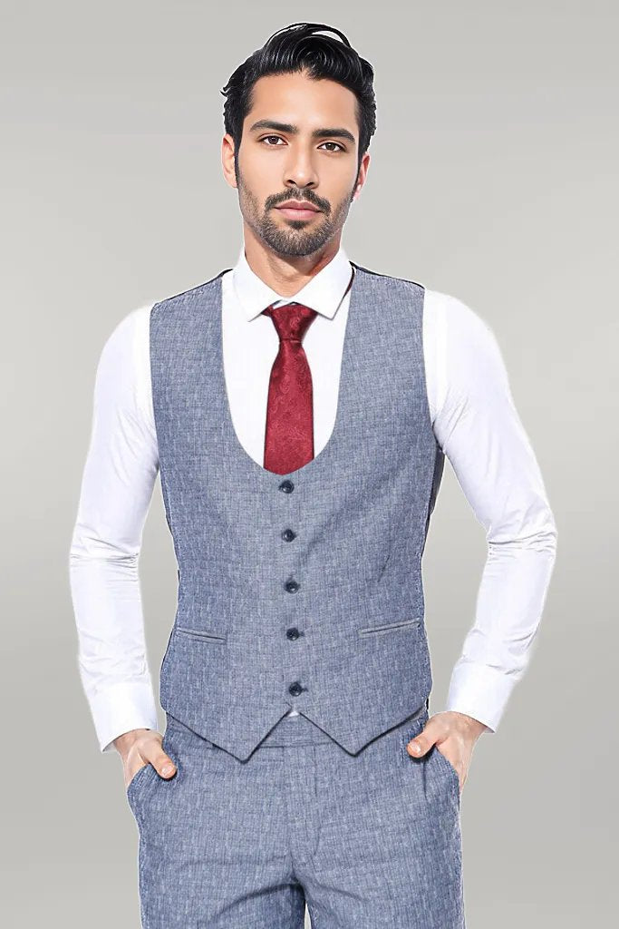 بدلة WSS Linen Touch Blue للرجال 3 قطع - سينجين