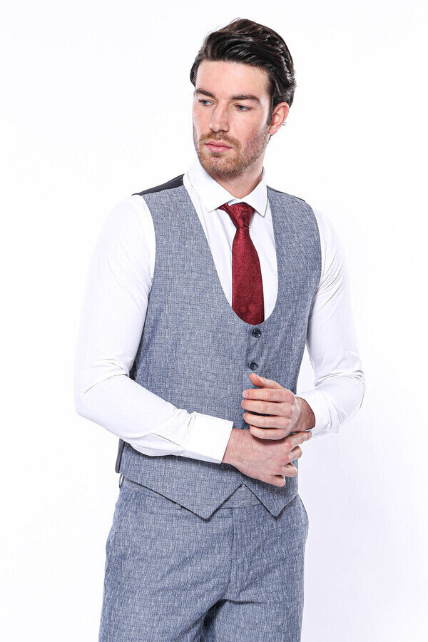 WSS Linen Touch Blue Men's 3 Piece Suit  - Veenendaal