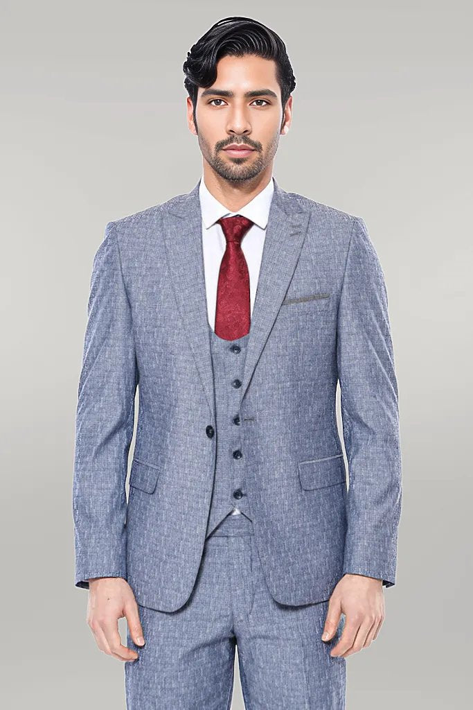بدلة WSS Linen Touch Blue للرجال 3 قطع - سينجين