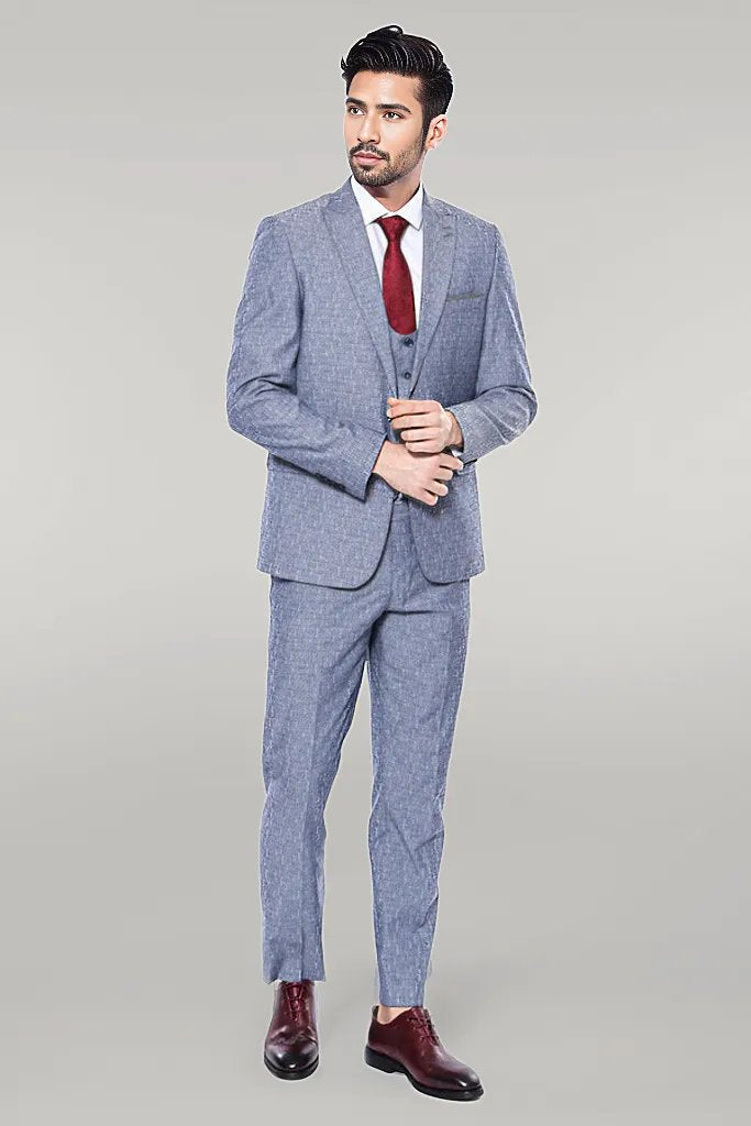 بدلة WSS Linen Touch Blue للرجال 3 قطع - سينجين