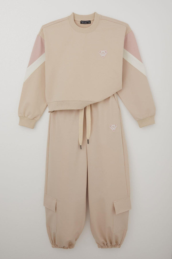 BRE Locoloco Kız Çocuk Eşofman Takımı Armalı Kargo Cepli Beli Paçası Lastikli 94 Yaş, Krem - Loulé