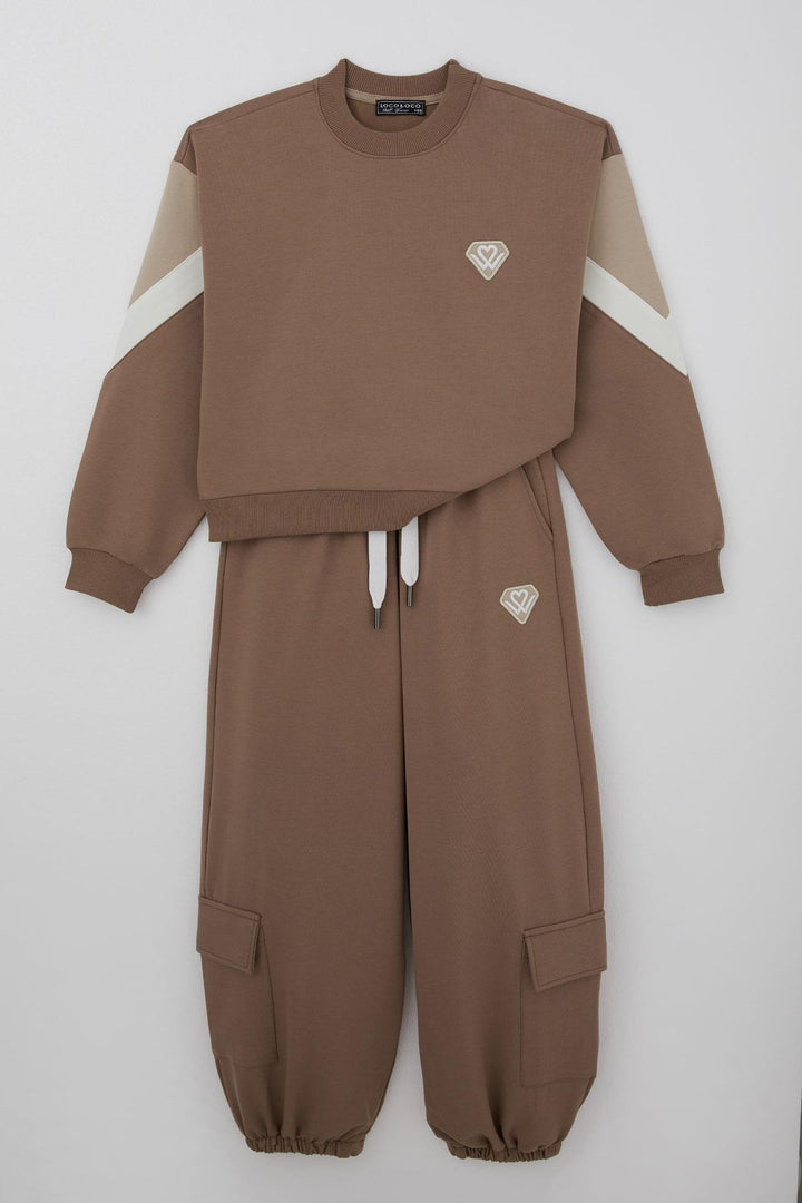 BRE Locoloco Girl's Tracksuit Set with Emblem Cargo Pocketed Elastic Waistband Cuffs 94 Years, Brown - South Shields