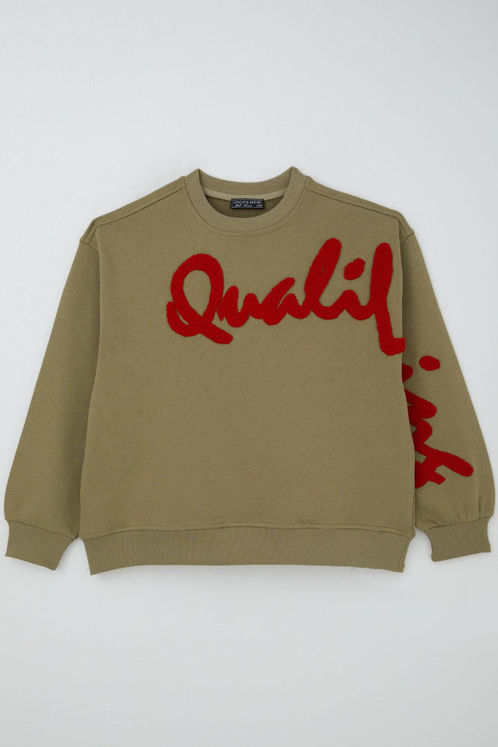 BRE Locoloco Kız Çocuk Sweatshirt Kabartma Yazı Baskılı 94 Yaş, Haki Yeşil - Bradenton