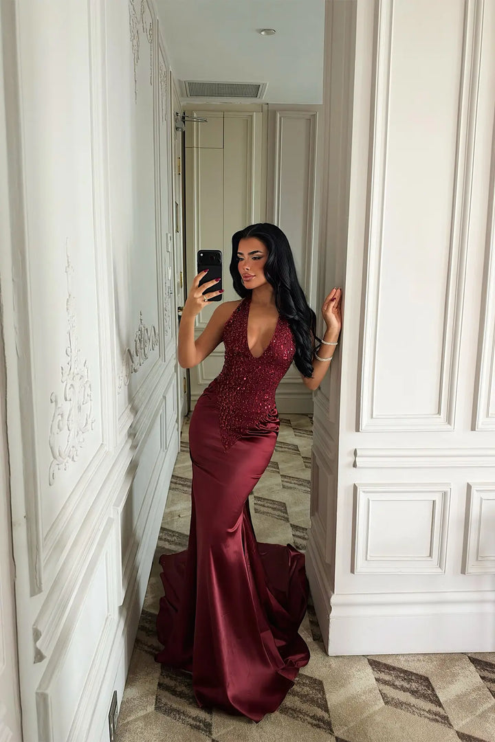 EYY Women Long Dress with Burgundy Stone Details - Nashua