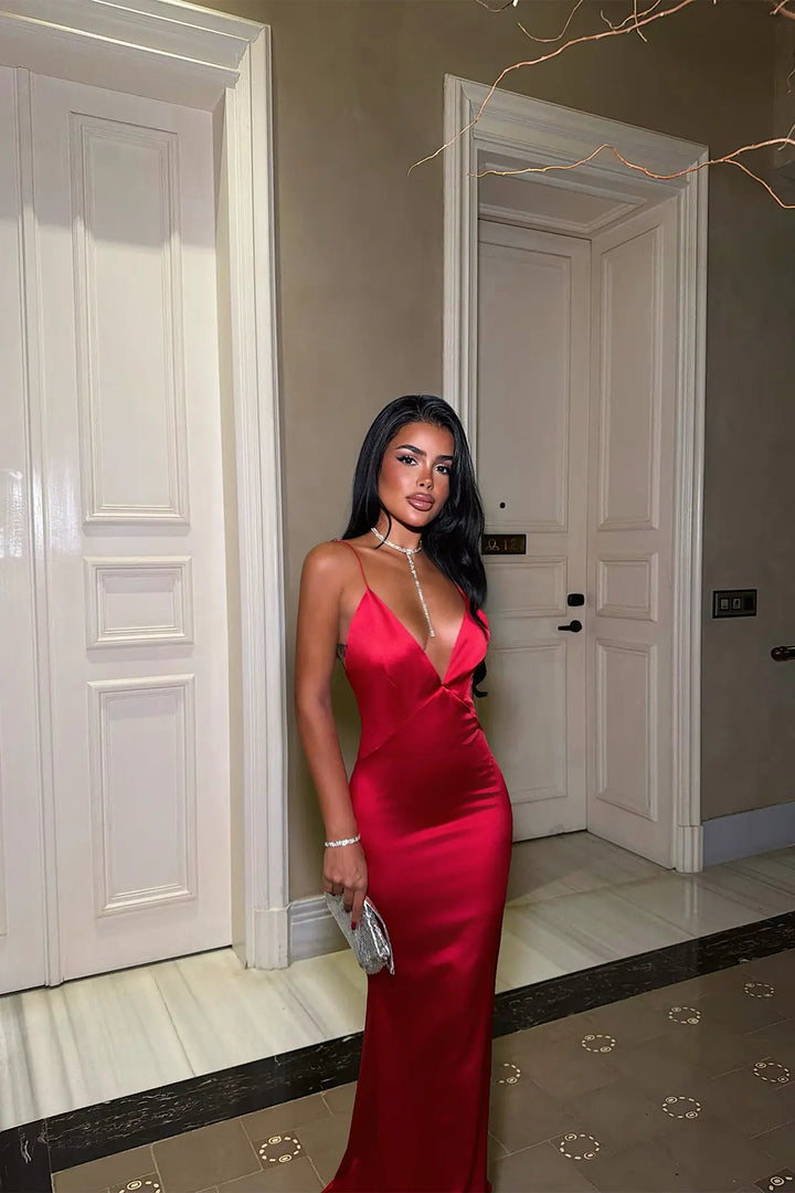 EYY Women Long Red Dress with Straps - Abilene