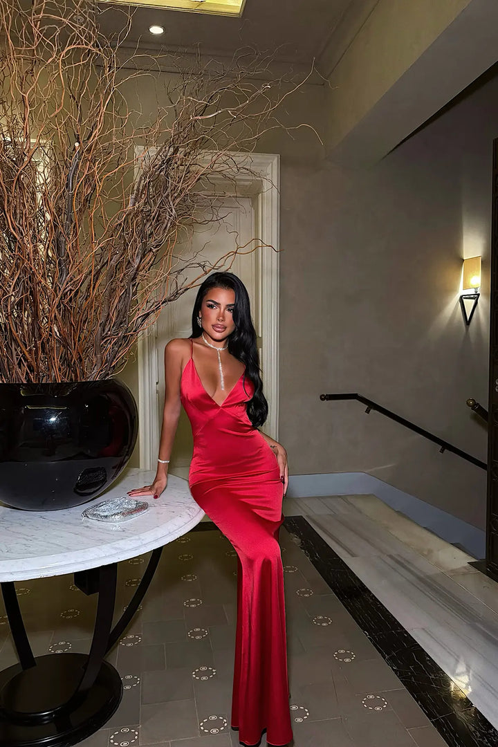 EYY Women Long Red Dress with Straps - Abilene