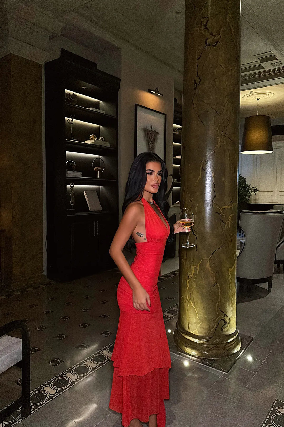 EYY Women Long Red Dress with Tulle Detail - Thonon-les-Bains