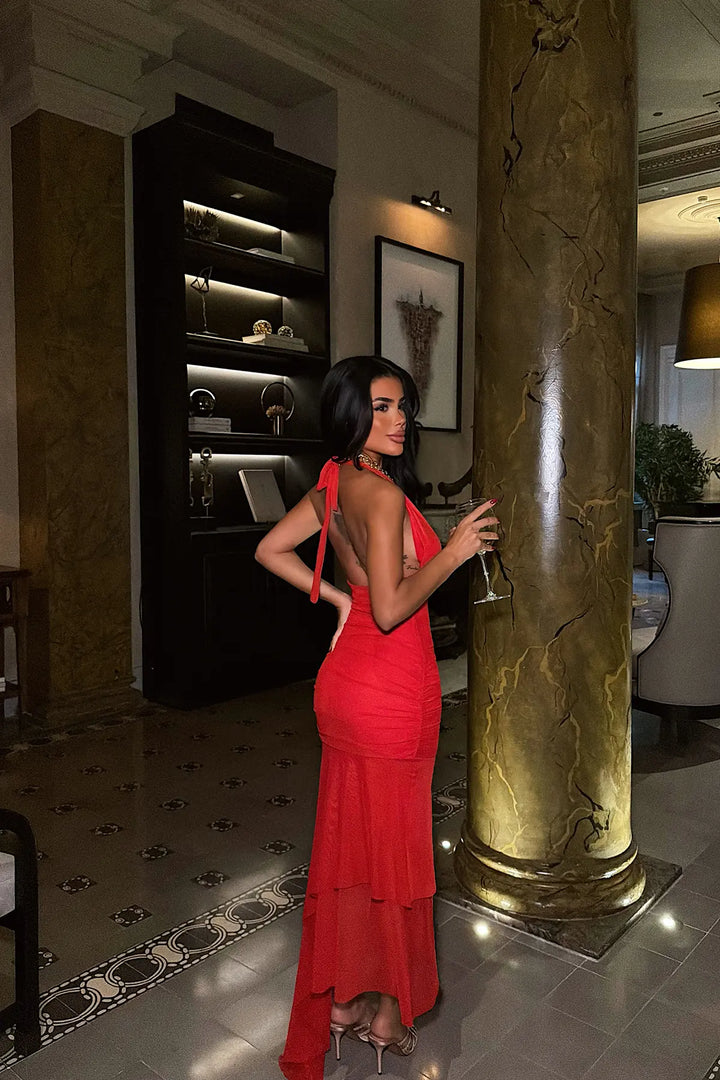 EYY Women Long Red Dress with Tulle Detail - Thonon-les-Bains