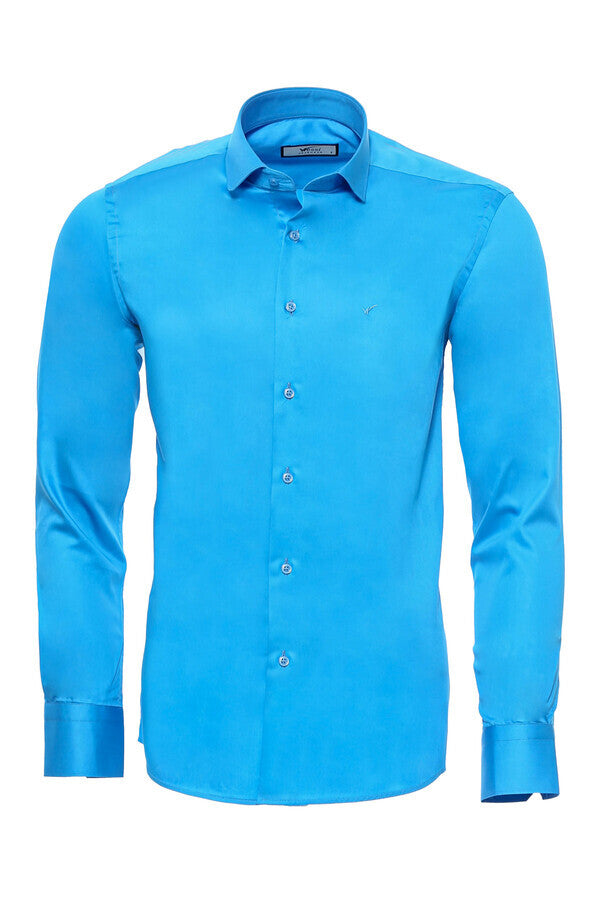 WSS Long Sleeves Cotton Satin Slim Fit Turquoise Men Shirt  - Rocky Mount