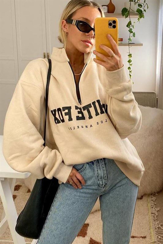 MDX Beige Zipper Detailed Printed Sweatshirt Mg1246 - Jackson