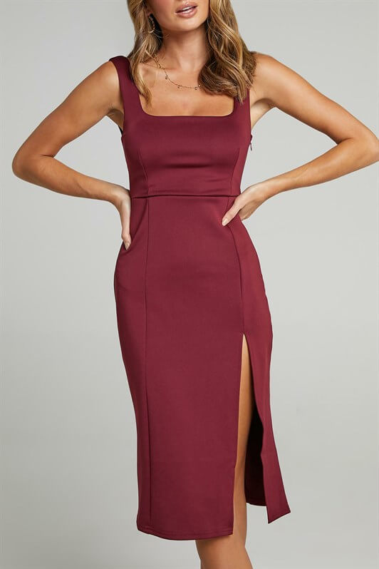 MDX Burgundy Strappy Slit Detail Midi Dress - Purmerend