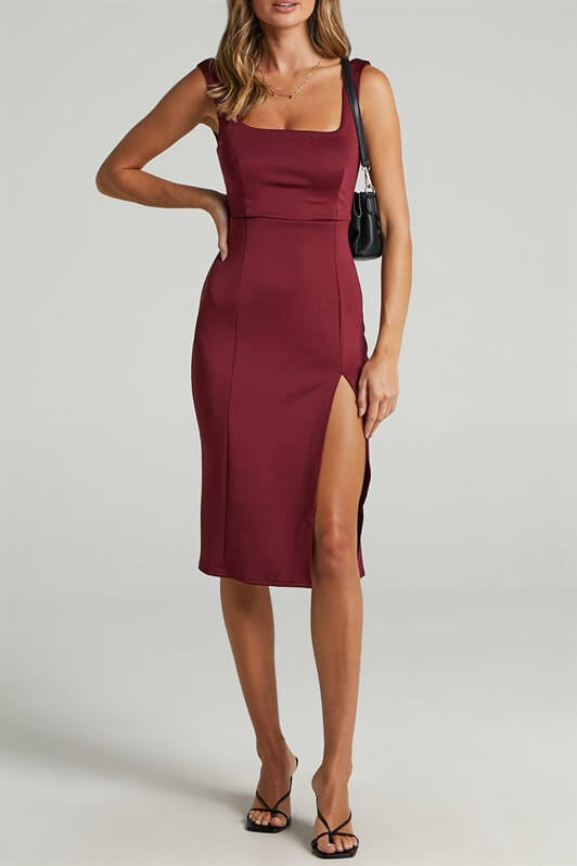 MDX Burgundy Strappy Slit Detail Midi Dress - Purmerend