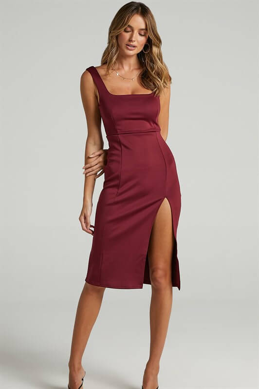 MDX Burgundy Strappy Slit Detail Midi Dress - Purmerend