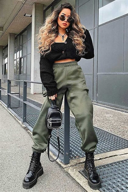 بدلة رياضية نسائية مقاس كبير مطاطي MDX Mad Girls Haki Paça MG324 - سيلايا
