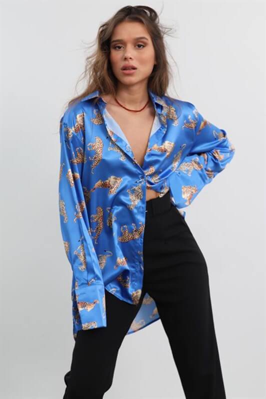 MDX Mad Girls Leopard Print Blue Satin Shirt MG187 - Riverside