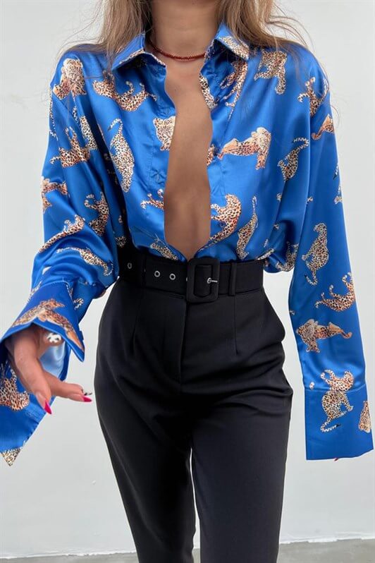MDX Mad Girls Leopard Print Blue Satin Shirt MG187 - Riverside