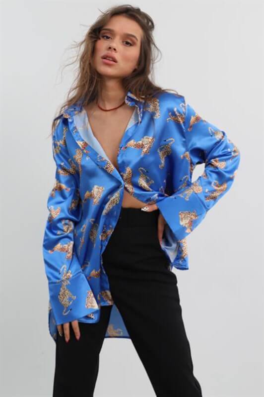 MDX Mad Girls Leopard Print Blue Satin Shirt MG187 - Riverside