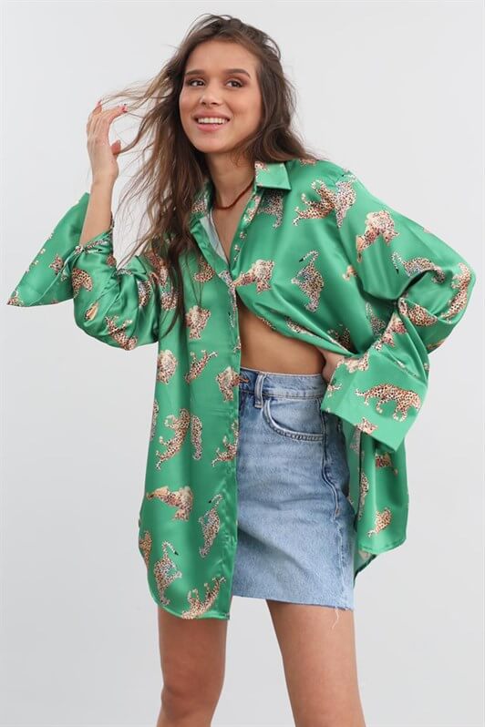MDX Mad Girls Leopard Print Green Satin Shirt MG187 - Saint-Denis