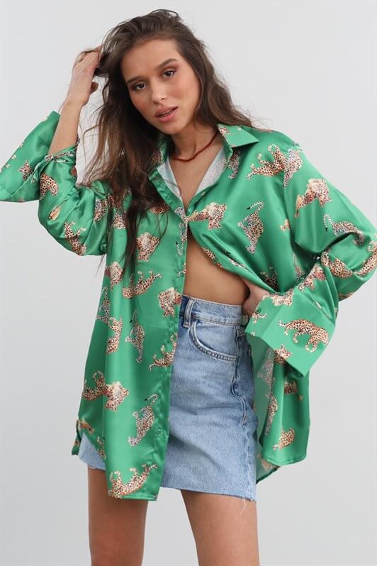 MDX Mad Girls Leopard Print Green Satin Shirt MG187 - Saint-Denis
