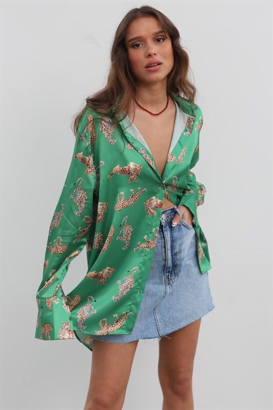 MDX Mad Girls Leopard Print Green Satin Shirt MG187 - Saint-Denis
