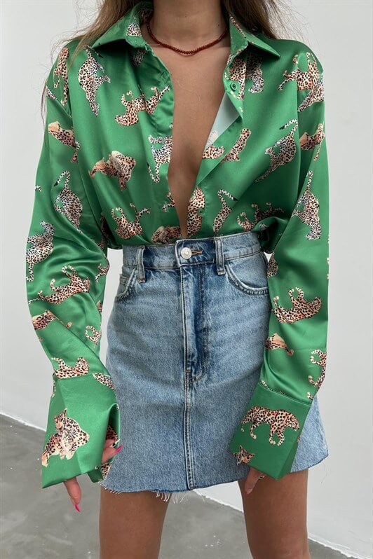 MDX Mad Girls Leopard Print Green Satin Shirt MG187 - Saint-Denis