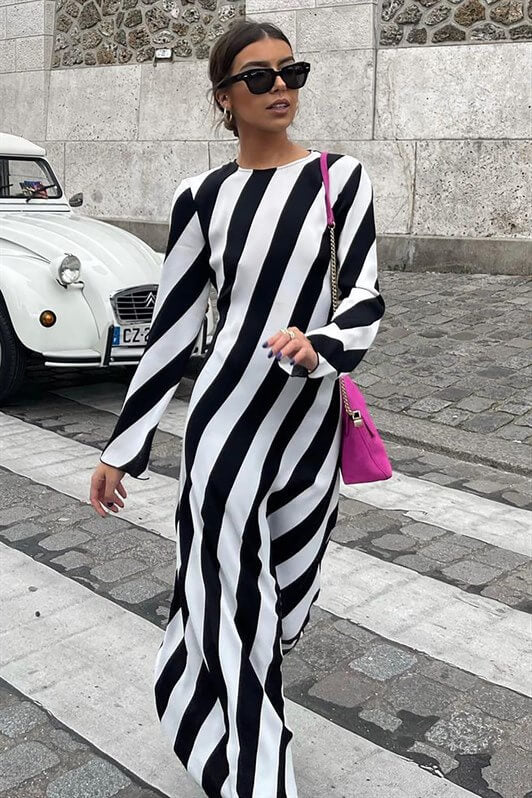 MDX Black Striped Back Detail Long Dress MG1443 - Worcester