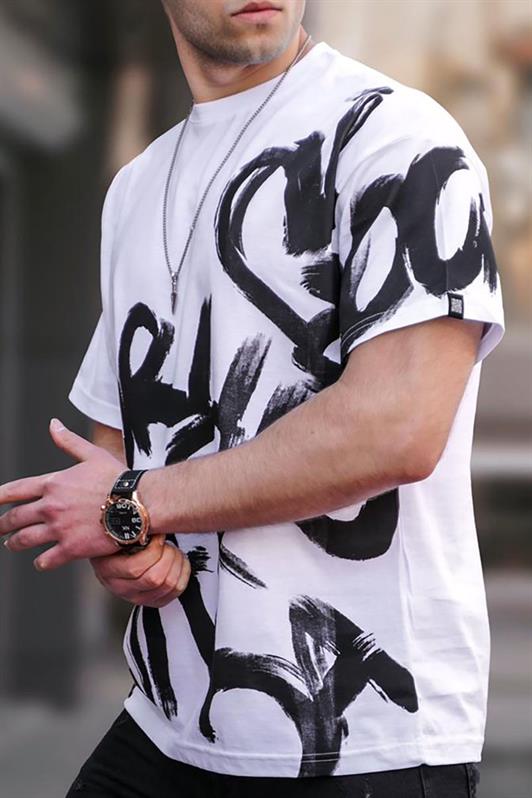 MDX Madmext Men's White Overfit Patterned T-shirt 5811 - Kamen