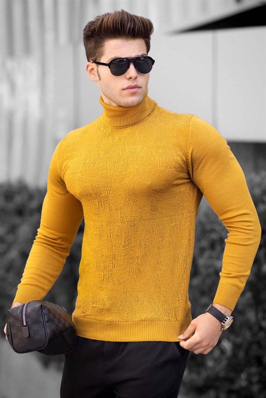 MDX Madmext Mustard Fisherman Collar Front Patterned Sweater 4657 - Livonia