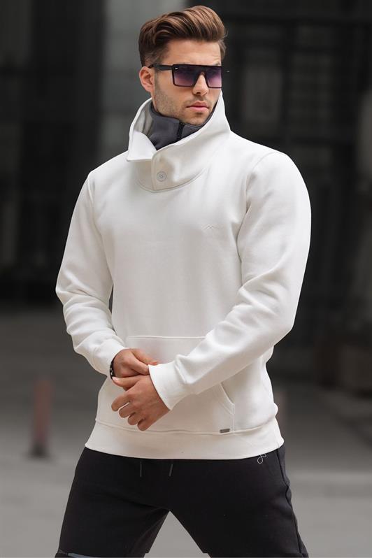 MDX Madmext Knitted Collar Buttoned White Sweatshirt 4411 - Deerfield Beach