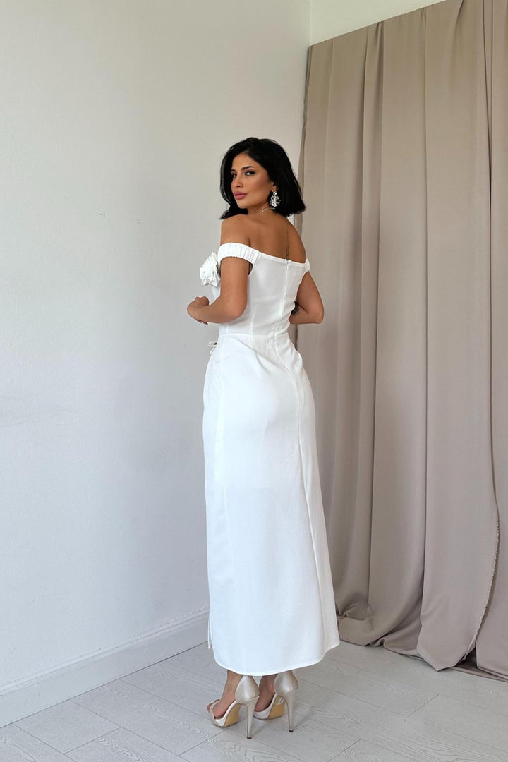 ELS Madonna Neck Rose Dress - White - Yucaipa