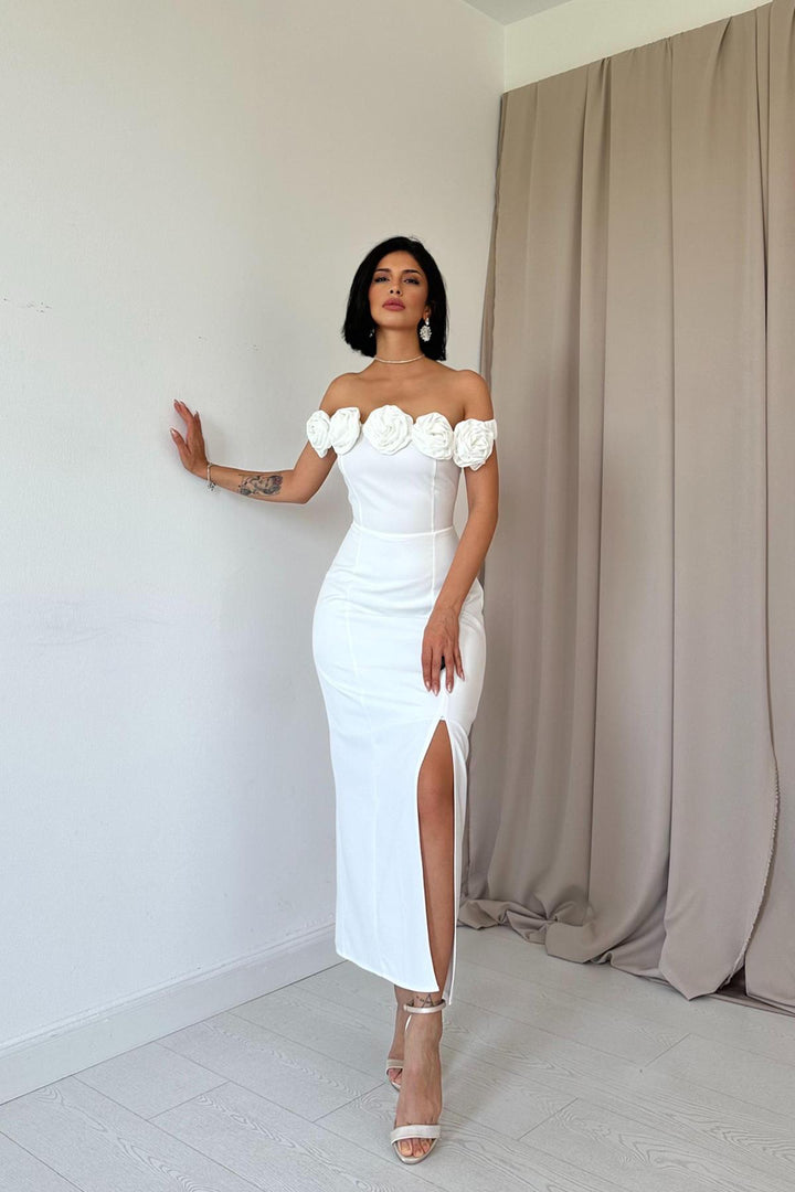 ELS Madonna Neck Rose Dress - White - Yucaipa
