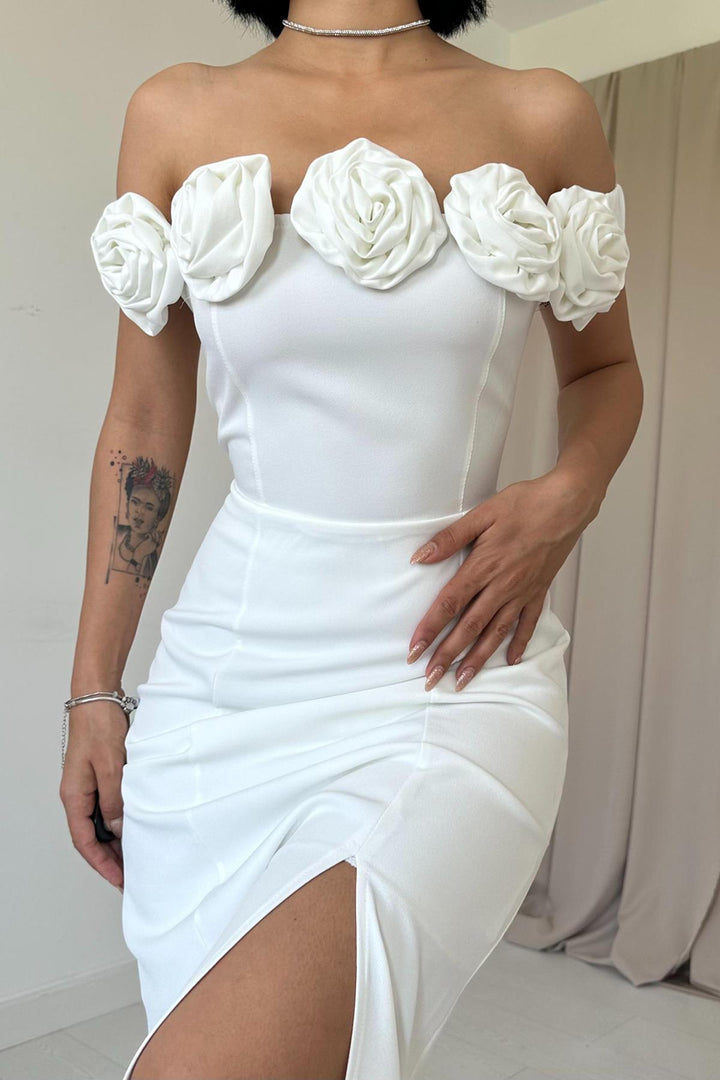 ELS Madonna Neck Rose Dress - White - Yucaipa
