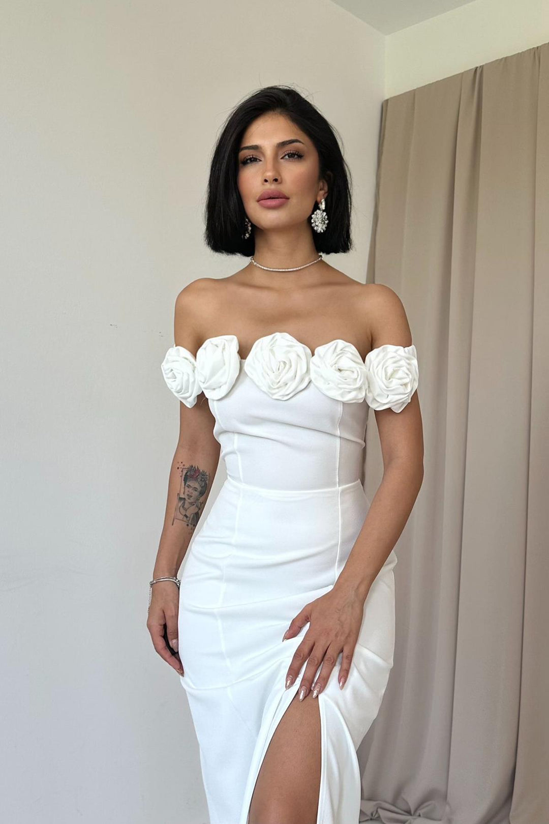 ELS Madonna Neck Rose Dress - White - Yucaipa