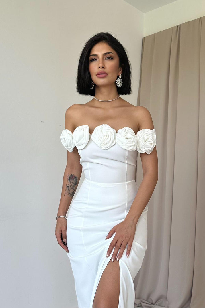 ELS Madonna Neck Rose Dress - White - Yucaipa