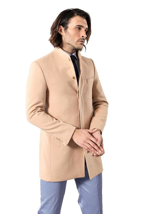 WSS Mandarin Collar Beige Men's Long Men's Coat  - Châteauguay