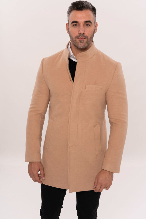 WSS Mandarin Collar Beige Men's Long Men's Coat  - Châteauguay