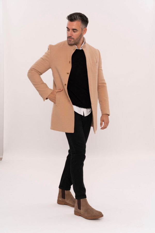 WSS Mandarin Collar Beige Men's Long Men's Coat  - Châteauguay