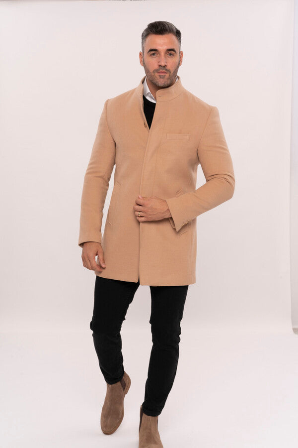 WSS Mandarin Collar Beige Men's Long Men's Coat  - Châteauguay