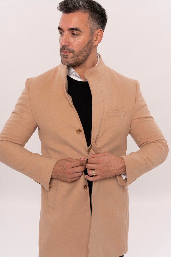 WSS Mandarin Collar Beige Men's Long Men's Coat  - Châteauguay