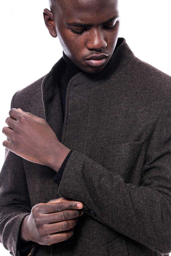 WSS Mandarin Collar Brown Short Coat  - Madison