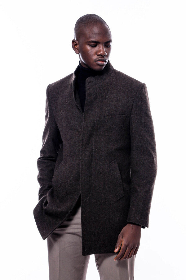 WSS Mandarin Collar Brown Short Coat  - Madison