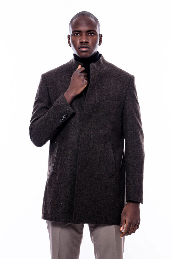 WSS Mandarin Collar Brown Short Coat  - Madison