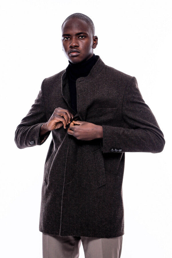 WSS Mandarin Collar Brown Short Coat  - Madison