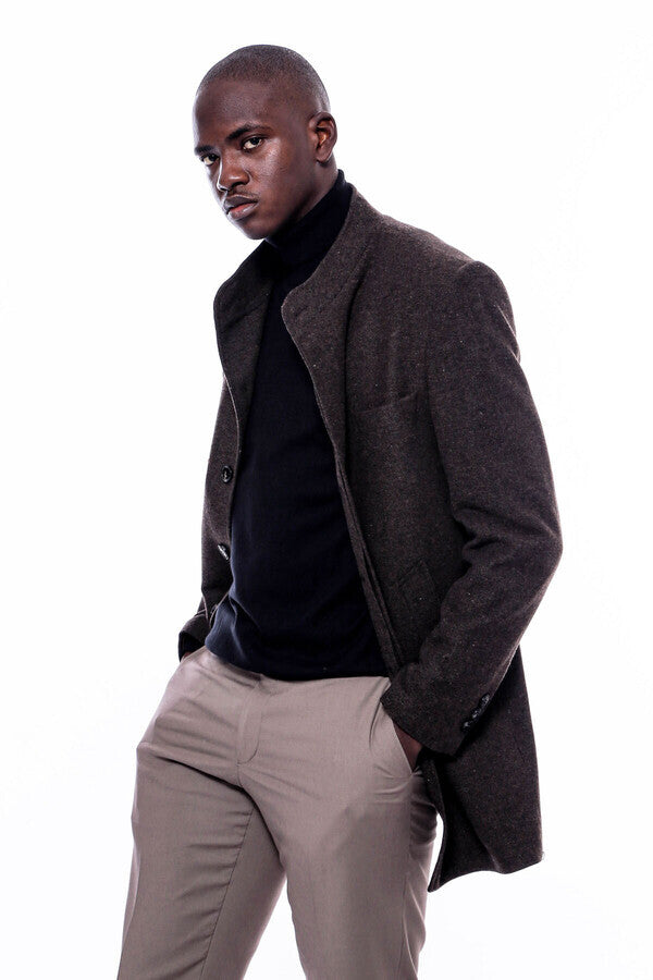 WSS Mandarin Collar Brown Short Coat  - Madison