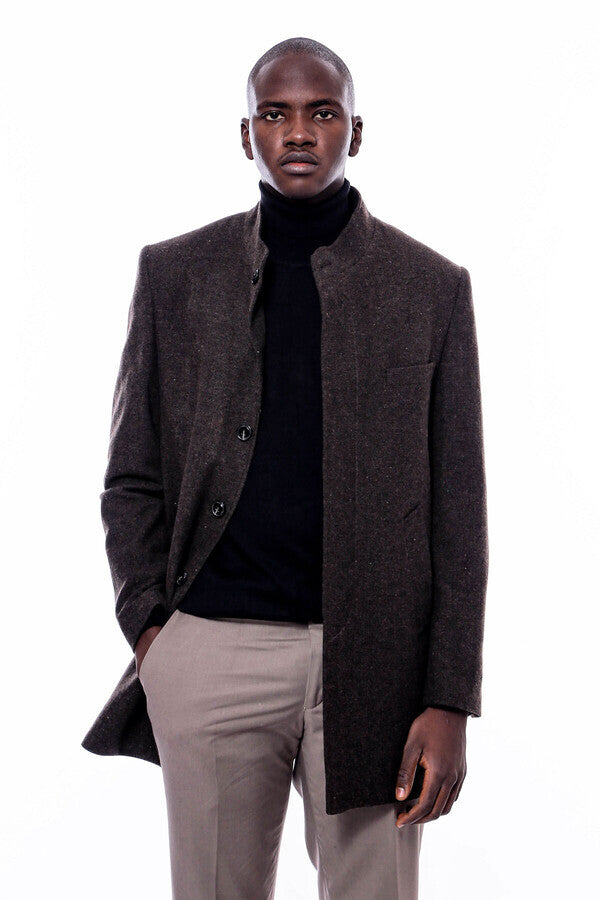 WSS Mandarin Collar Brown Short Coat  - Madison