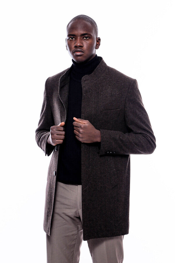 WSS Mandarin Collar Brown Short Coat  - Madison