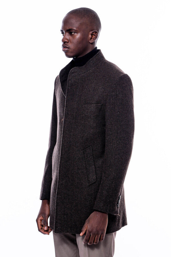 WSS Mandarin Collar Brown Short Coat  - Madison