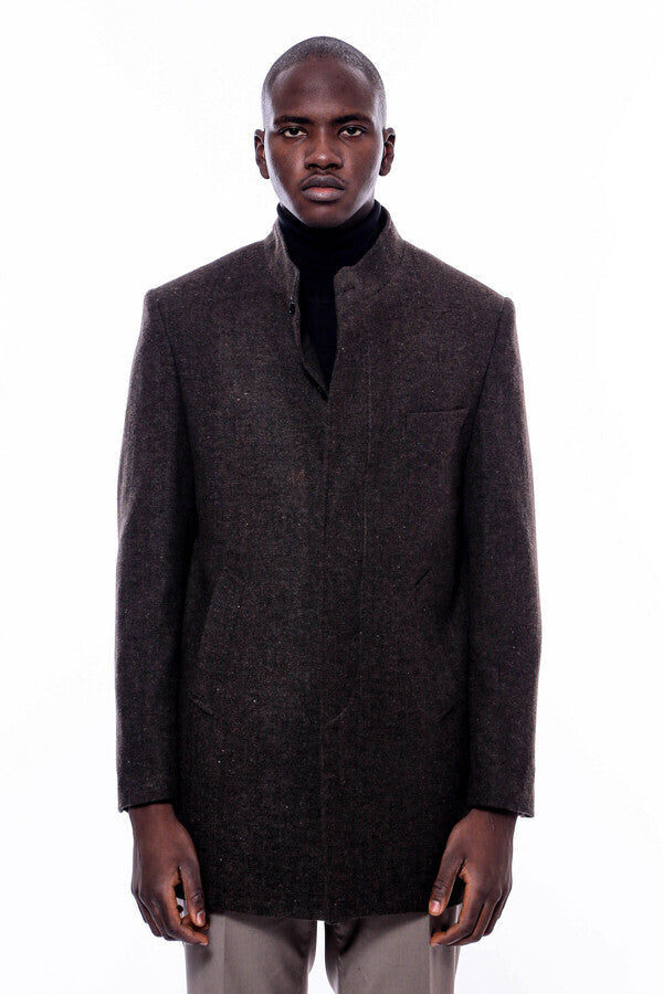 WSS Mandarin Collar Brown Short Coat  - Madison