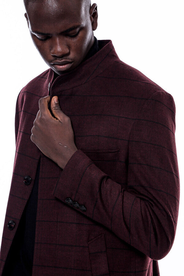 WSS Mandarin Collar Burgundy Checked Coat  - Blue Springs